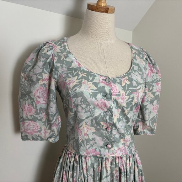 Vintage sage and pink floral Laura Ashley ss dress with piped bodice, US 10 - Picture 12 of 15
